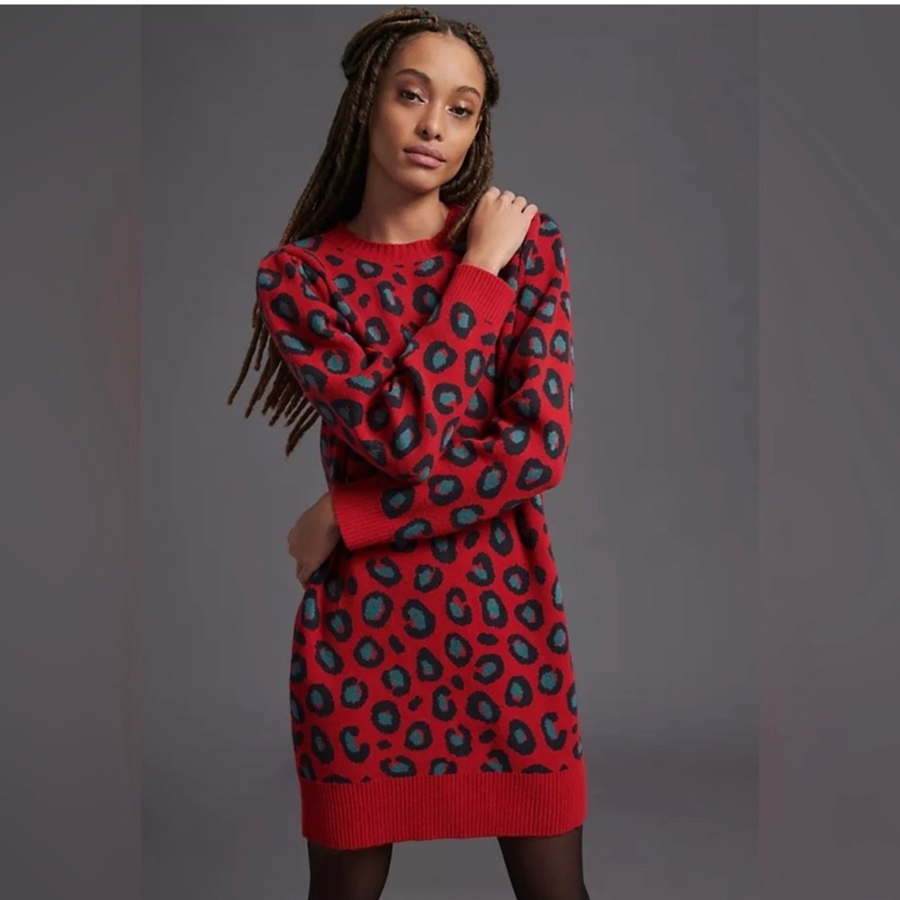 FARM Rio Red Leopard Print Sweater Dress with Teal Spots